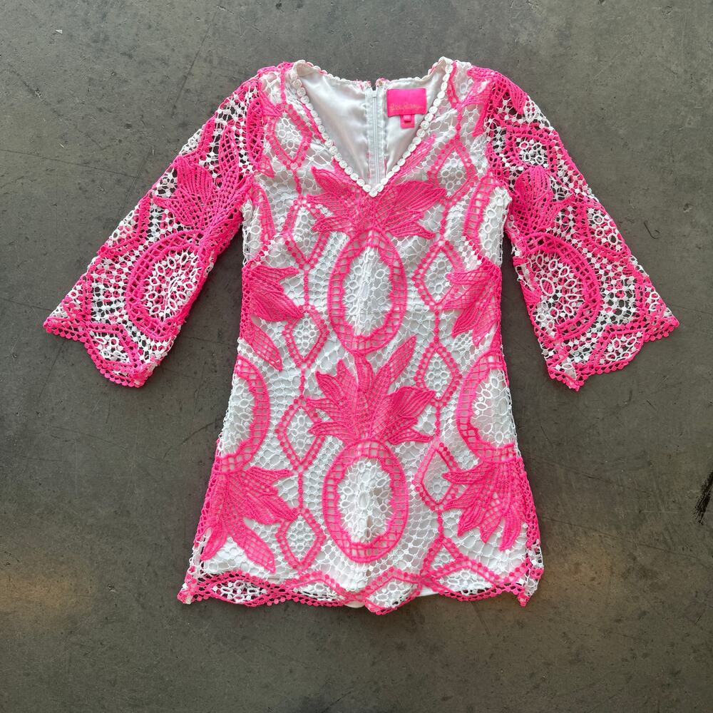Lilly Pulitzer Lottie Romper Pink Tropics Juice Stand Crochet Flare White 00